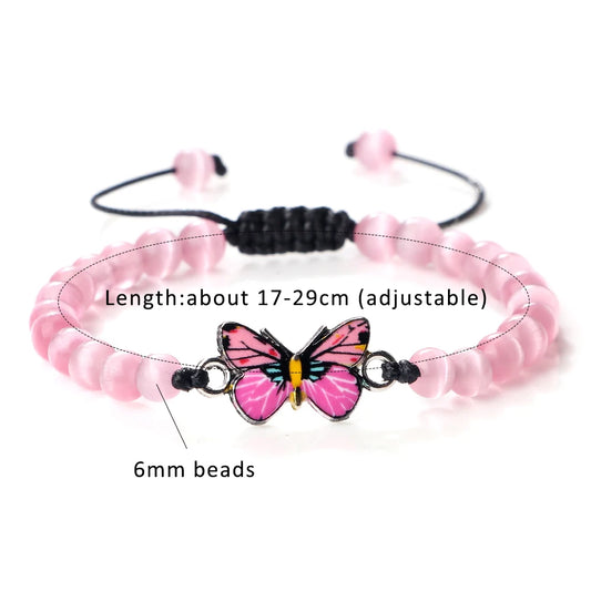 Luckacco Pink Cat Eye Stone Bracelet for Women Men Natural Opal Quartz Chakra Devil's Eye Beads Butterfly Charm Bangle Wrist Jewelry Gift