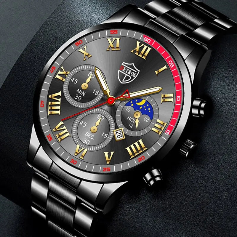 luckacco 2pcs fashion mens calendar watches luxury male stainless steel quartz wristwatch luminous clock men bracelet wrist watch