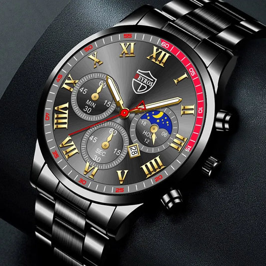 Luckacco 2PCS Fashion Mens Calendar Watches Luxury Male Stainless Steel Quartz Wristwatch Luminous Clock Men Bracelet Wrist Watch