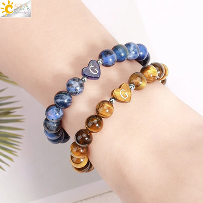 Luckacco 26 Letter A-Z Initial Heart Shape Crystal Bracelets Real Natural Stone Beads Amethysts Obsidian Sodalite Bracelet for Lover H283