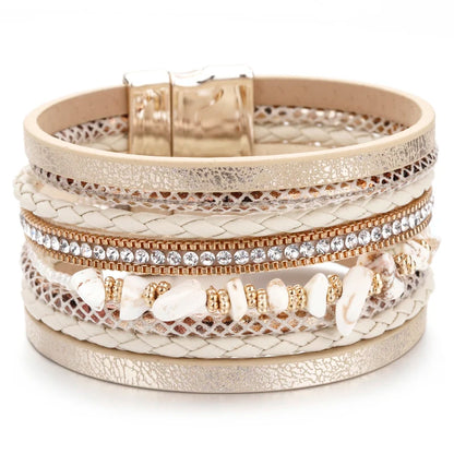 Luckacco ALLYES Natural Stone Leather Bracelet for Women Charm Retro Multilayer Crystal Snake Skin Wide Bracelets & Bangles Jewelry Gifts