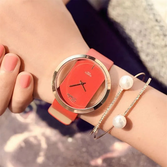 Luckacco Famous Watch Women Luxury Leather Skeleton Strap Dress Watch Casual Quartz Wristwatch Stainless Steel Reloj Mujer часы женские