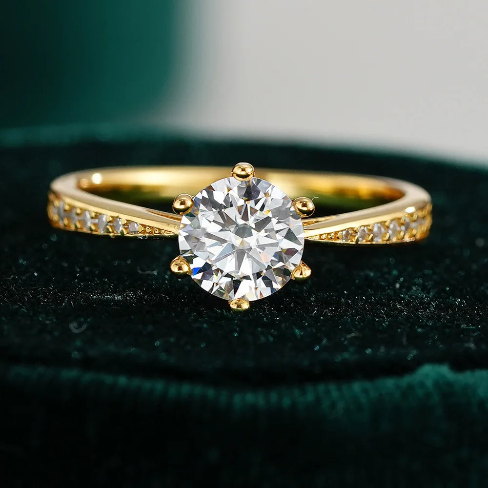 luckacco luxury 100% real 18k gold ring women's six-claw diamond ring 6.5mm round 1ct 1 karat moissanite wedding ring