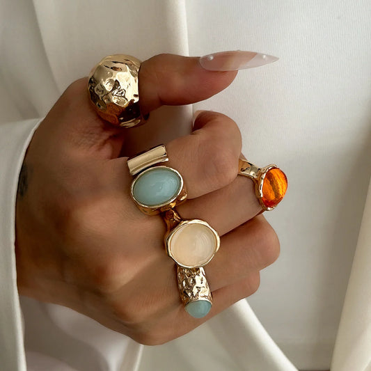 Luckacco Vintage Chic Geometric Stone Inlaid Ring Set for Women Simple Chunky Gold Color Geometric Rings Daily Wear Party Jewelry Gifts