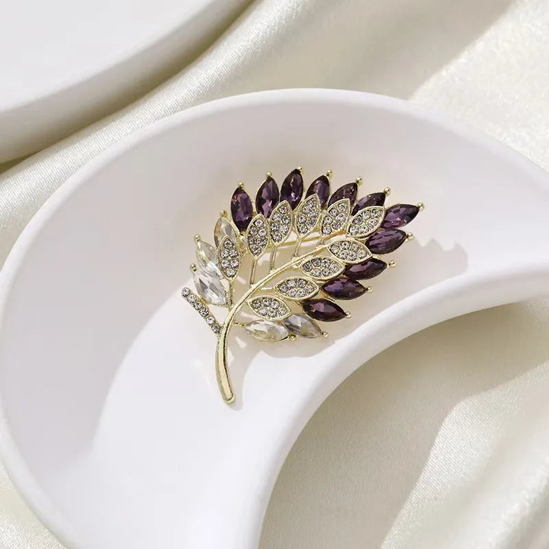luckacco cute romantic colorful leaf brooches for women purple crysal plant brooch pin female party birthday dress suit badge jewelry
