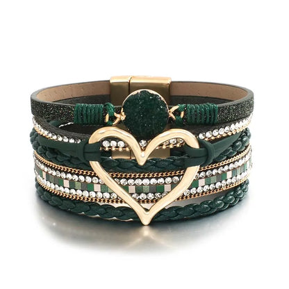 Luckacco Amorcome Fashion Braided Leather Wrap Bracelets Bangles Multilayer Resin Stone Hollow Heart Charm Bracelets Women Gift Pulseira