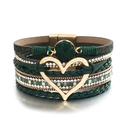 Luckacco Amorcome Fashion Braided Leather Wrap Bracelets Bangles Multilayer Resin Stone Hollow Heart Charm Bracelets Women Gift Pulseira