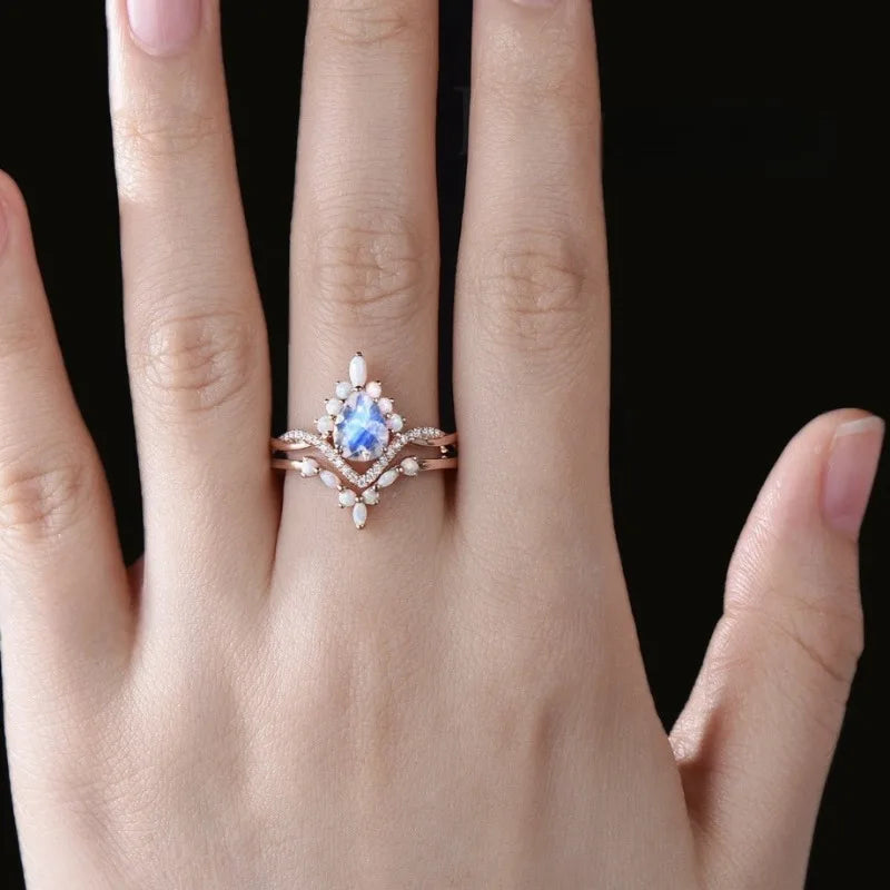luckacco charm rose gold color waterdrop white stone flower hollow rings for women jewelry anniversary rings set gift