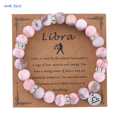 Luckacco MHS.SUN 12 Star Zodiac Sign Pink Zebra Stone Beaded Bracelets Constellation Fashion Birthday Party Jewelry For Women Men