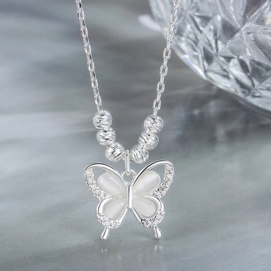 Luckacco New 925 Sterling Silver Butterfly Necklace Simple Personality Charm Animal Pendant Birthday Gift for Women Exquisite Jewelry