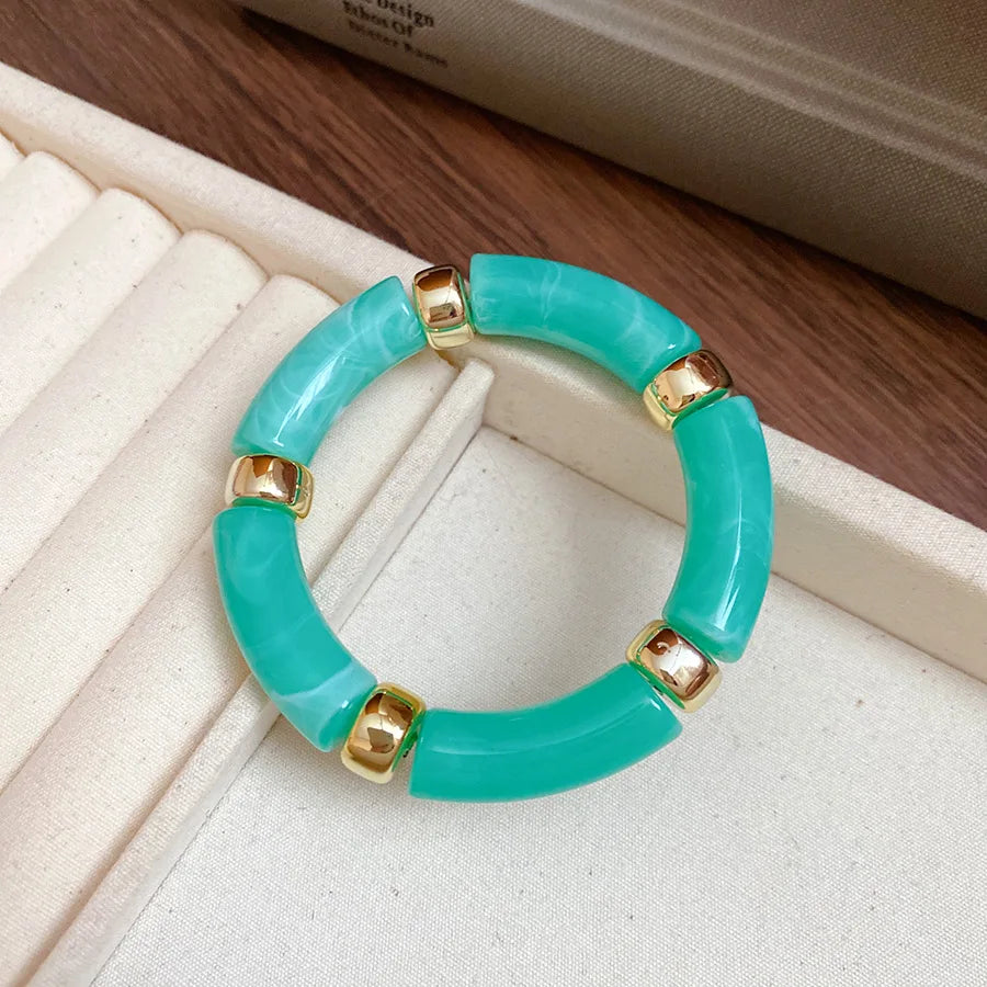 luckacco splicing bamboo tube acrylic smudging bangles for women men fashion geometric elastic bracelets bangles jewelry couple gifts f