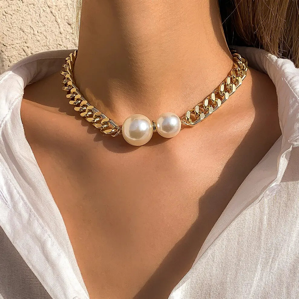 luckacco vintage punk cuban chains necklaces women gothic imitation-pearl pendant necklace girl chokers fashion accessories jewellery