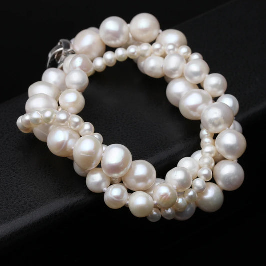 Luckacco Mutilayer Natural Freshwater Pearl Bracelet Ladies Woman,925 Silver Real White Pearl Jewelry Bracelet Wife Mother Party Gifts