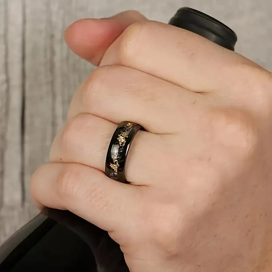 Luckacco Fashion 8mm Men Stainless Steel Rings Inlay Meteorite Abalone Shell Rings For Men Women Wedding Engagement Band Jewelry Gift