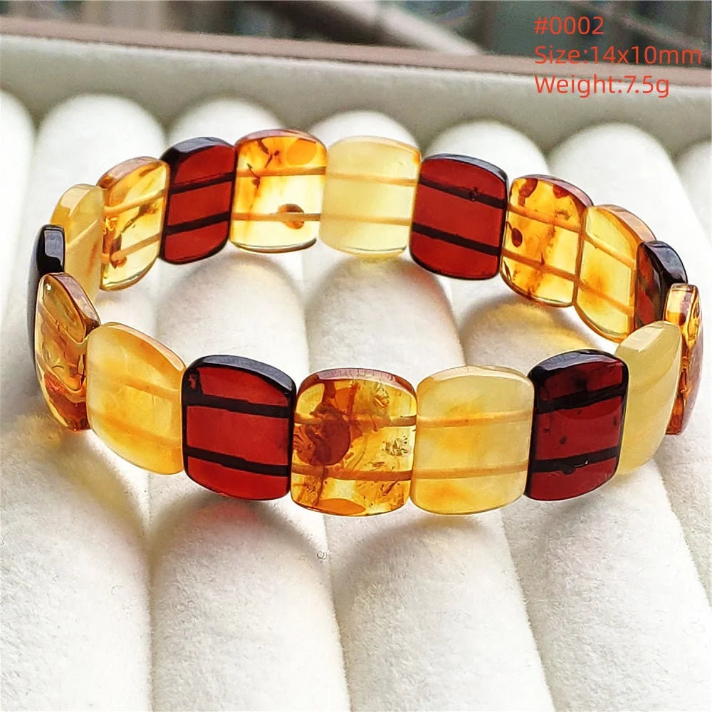 luckacco natural piebald amber bracelet rectangle beads blood red yellow flower amber women men healing stretch jewelry aaaaa