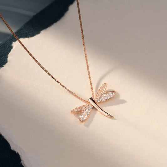 Luckacco 925 Sterling Silver Necklace Rose Gold Color Dragonfly Clear CZ Elegant for Women Girl Jewelry Gift