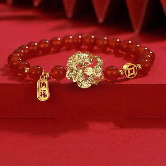 Luckacco 2024 Chinese Style Zodiac Dragon Bracelet For Women Men Brings Wealth Health and Good Luck Red Beaded Couple Bracelet Jewelry Gi