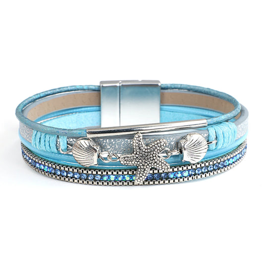 Luckacco ALLYES Charm Starfish Shell Leather Bracelet for Women Men Boho Metal Tube Crystal Beads Chain Bracelets & Bangles Beach Jewelry