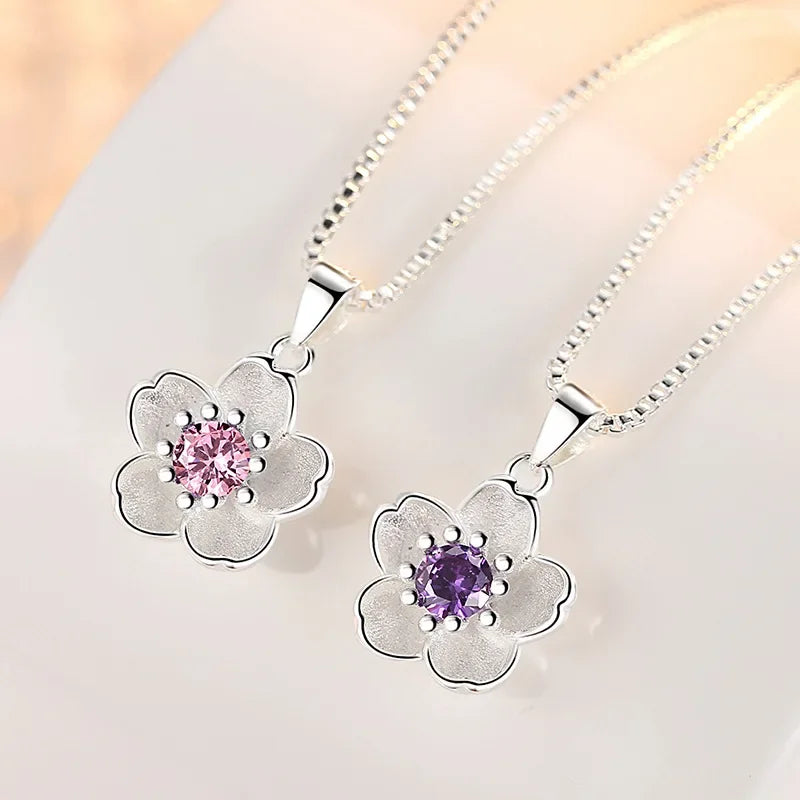 luckacco 925 sterling silver pink purple peach blossom necklaces for women retro luxury jewelry accessories freeshiping items jewellery