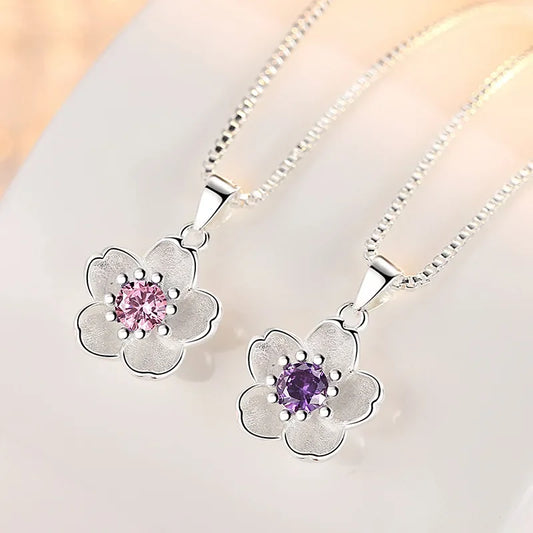 Luckacco 925 Sterling Silver Pink Purple Peach Blossom Necklaces For Women Retro Luxury Jewelry Accessories Freeshiping Items Jewellery