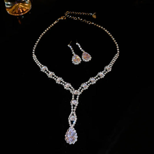 Luckacco Shiny Crystal Necklace Earrings Women's Fashion Big Water Droplet Rhinestone Necklaces Wedding Evening Dress Jewelry Set