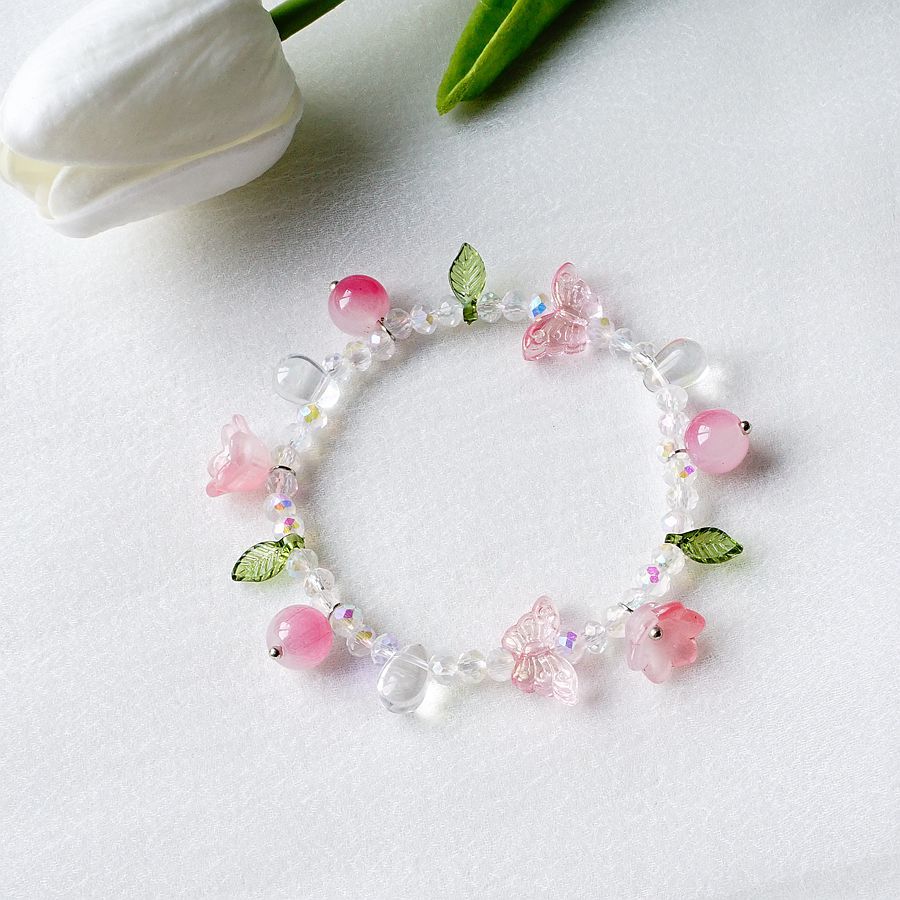 Gradient Crystal Lily of The Orchid Flower Bracelets for Women Korean Fashion Bow Love Beaded Charm Bracelet Girls Student Gifts - luckacco