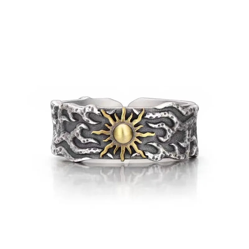 luckacco retro golden sun ring for men silver color punk gothic trendy open ring handmade designer jewelry unisex accessories lovers gift