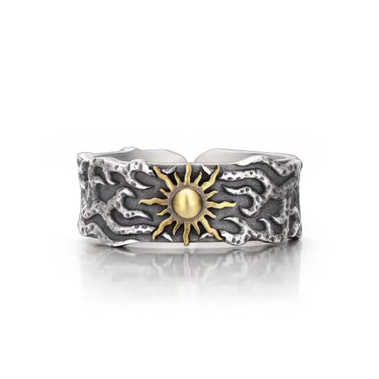 Luckacco Retro Golden Sun Ring For Men SIlver Color Punk Gothic Trendy Open Ring Handmade Designer Jewelry Unisex Accessories Lovers Gift