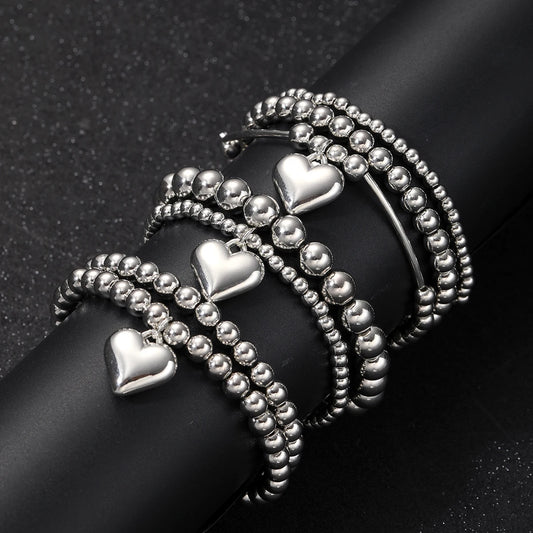 Luckacco 7Pcs/Set Chic Heart Charm Beaded Bracelet Set For Women Vintage Simple Silver Color Exquisite Multi-Layer Bracelets Jewelry Gift