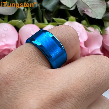 Luckacco iTungsten 10mm 12mm Big Finger Ring Mens Tungsten Flat Engagement Wedding Band With Center Brushed Polished Finish Comfort Fit