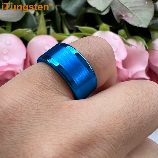 Luckacco iTungsten 10mm 12mm Big Finger Ring Mens Tungsten Flat Engagement Wedding Band With Center Brushed Polished Finish Comfort Fit