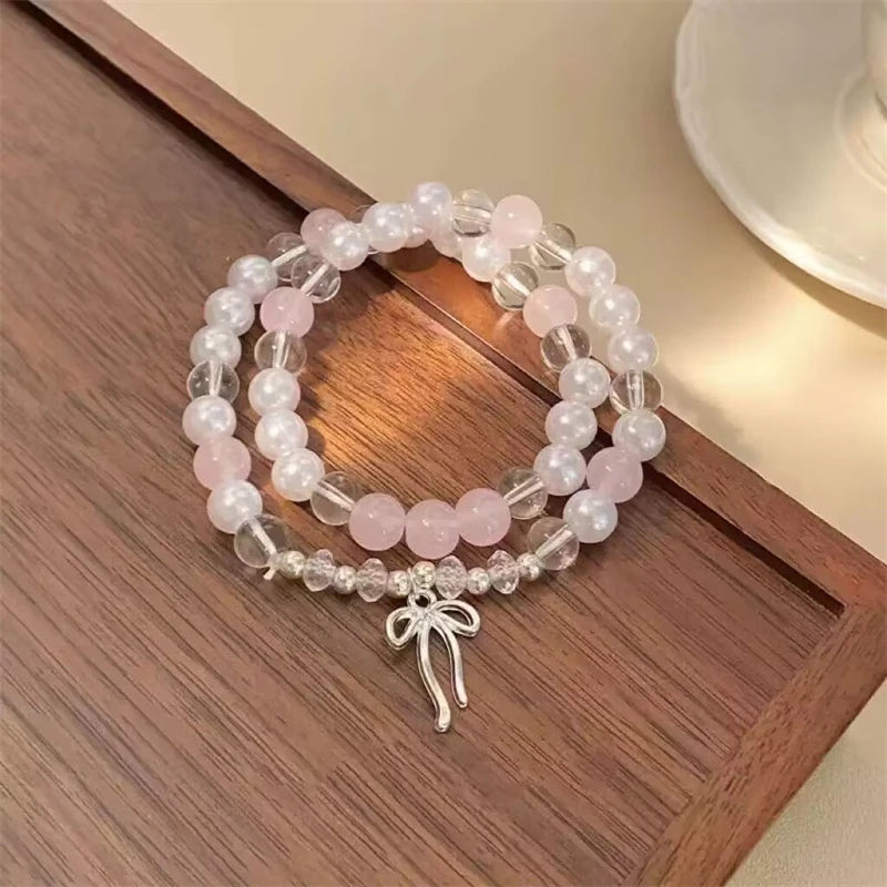 luckacco cute pink beaded imitation pearl bracelet for women girl elegant y2k sweet korean charm bowknot bow jewelry party gifts