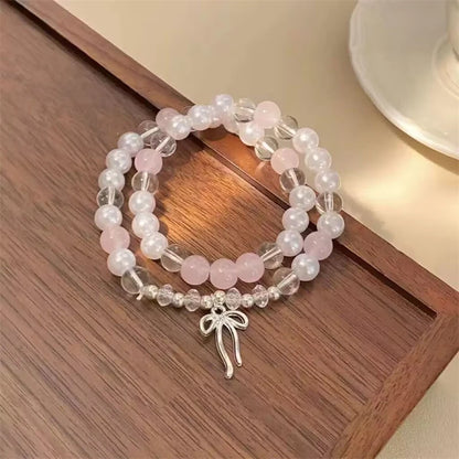 Luckacco Cute Pink Beaded Imitation Pearl Bracelet For Women Girl Elegant Y2k Sweet Korean Charm Bowknot Bow Jewelry Party Gifts