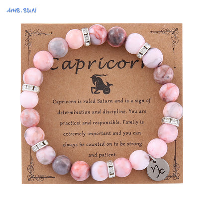 Luckacco MHS.SUN 12 Star Zodiac Sign Pink Zebra Stone Beaded Bracelets Constellation Fashion Birthday Party Jewelry For Women Men