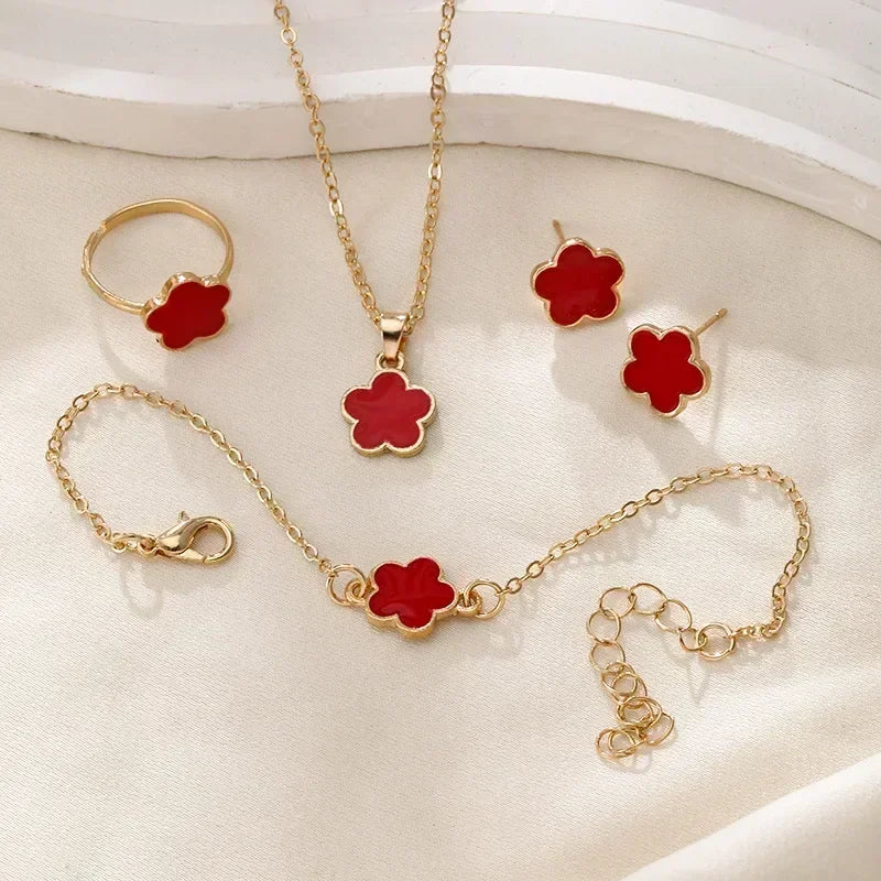 luckacco lucky five-petal flower clover earrings necklace ring bracelet four-piece set for woman fashionable accessories party jewelry
