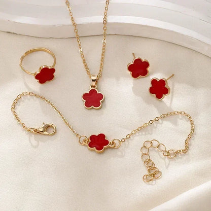 Luckacco Lucky Five-petal Flower Clover Earrings Necklace Ring Bracelet Four-piece Set for Woman Fashionable Accessories Party Jewelry