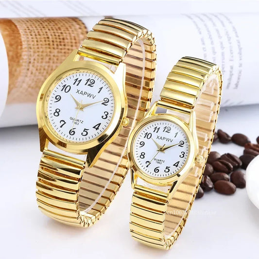 Luckacco Classic Vintage Business Couple Women Men Elastic Gold Sliver Quartz Watch Tide Lovers Couple Bracelet Watches Party Office Gift