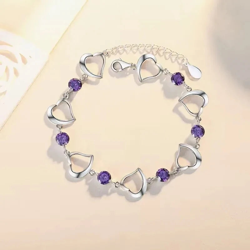 luckacco new fine 925 sterling silver purple crystal lucky clover bracelets for women fashion party wedding accessories jewelry 17cm+4cm