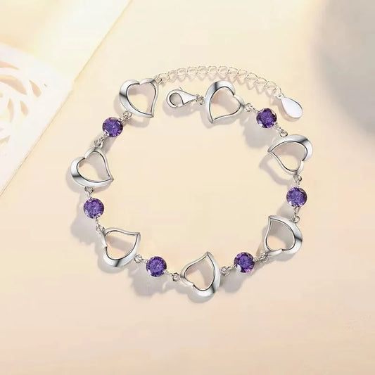 Luckacco NEW fine 925 Sterling Silver Purple crystal Lucky Clover Bracelets for women fashion party wedding accessories Jewelry 17CM+4CM