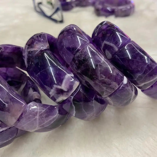 Luckacco Natural Amethyst Stone Beads Bracelet Natural Energy Stone Bangle Gemstone Jewelry for Woman Birthstone for Aquarius for Gift