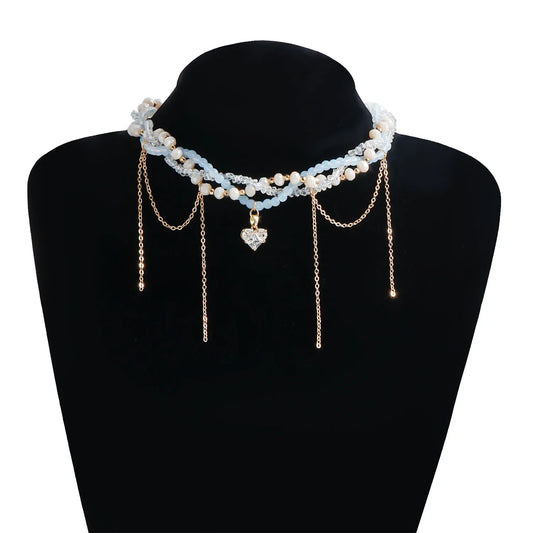 Luckacco Ins Multi-layer Imitation Pearls Multilayer Tassels Necklace Cool Cross Star Crystal Tassels Chokers Necklace Chain Jewelry