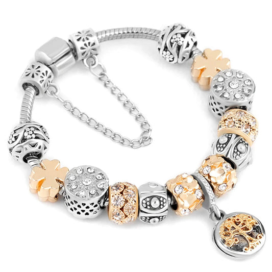 Luckacco TOGORY 2024 Authentic Gold Color Bees Dangles Charm Bracelet White Crystal Beads Fine Bracelet For Women Kids Birthday Gifts