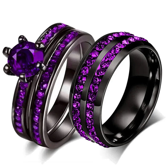Luckacco Fashion Couple Rings Charm Purple Rhinestones CZ Women Rings Set Trendy Men Stainless Steel Zirconia Ring Wedding Band Jewelry