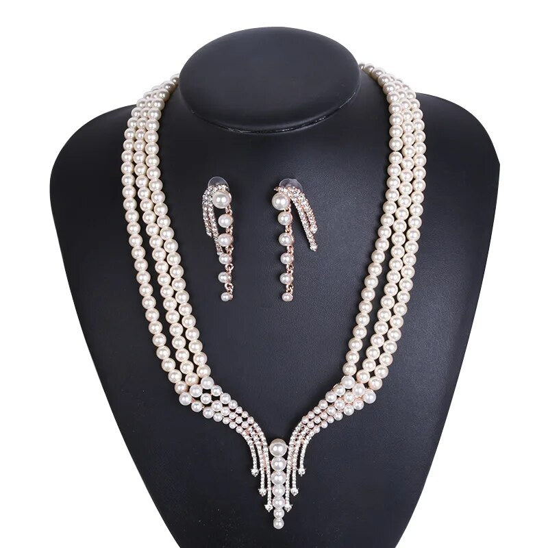 Luxury Fashion Crystal Micro Pave Setting 3 Layer Pearl Chains Necklaces for Women Wedding Party Accessories Jewellery