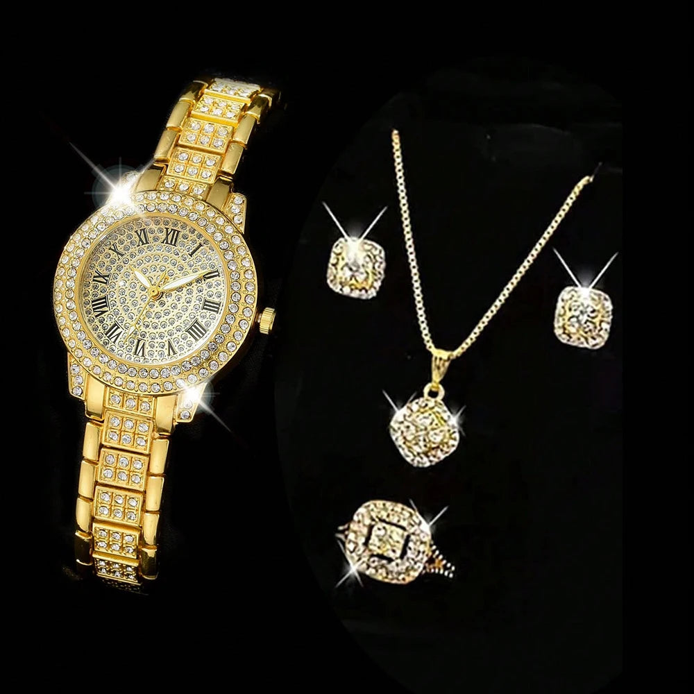 luckacco luxury women gold watch fashion ladies quartz diamond wristwatch elegant female bracelet watches set reloj mujer