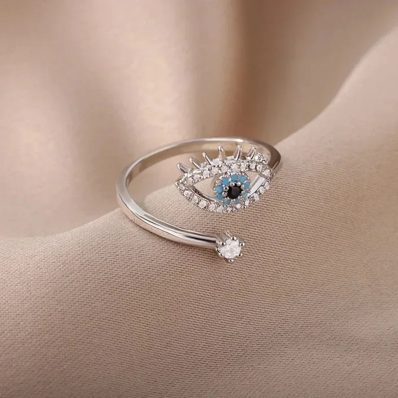 luckacco silver plated evil eye rings for women stainless steel turkish zircon demon eye couple ring vintage emo jewelry anillos mujer