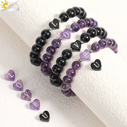 Luckacco 26 Letter A-Z Initial Heart Shape Crystal Bracelets Real Natural Stone Beads Amethysts Obsidian Sodalite Bracelet for Lover H283