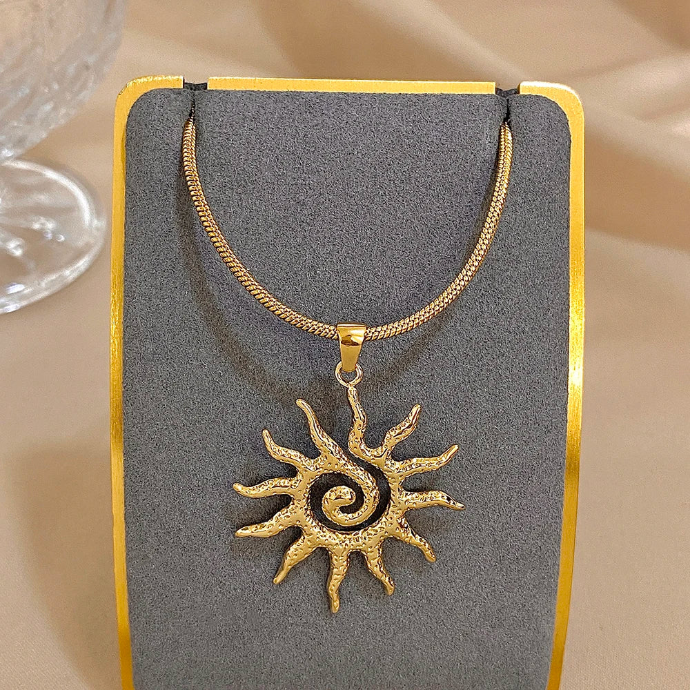luckacco unique spiral sun totem pendant necklace for women men stylish gold silver color stainless steel necklaces charm ethnic jewelry