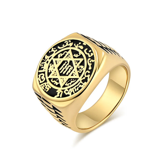 Luckacco Seal Solomon Six-Pointed Star 12 Constellation Mens Womens Stainless Steel Talisman Health Prosperity Ring