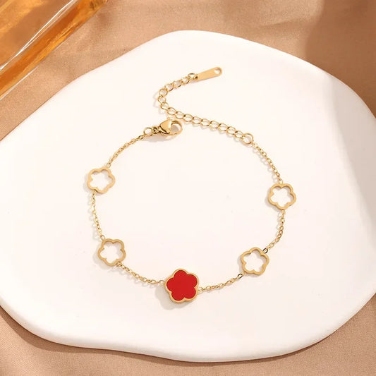 Luckacco Lucky Cute Colorful Five-Leaved Flower Stainless Steel Bracelets for Women Fashion Light Luxury Paty Jewelry Gifts
